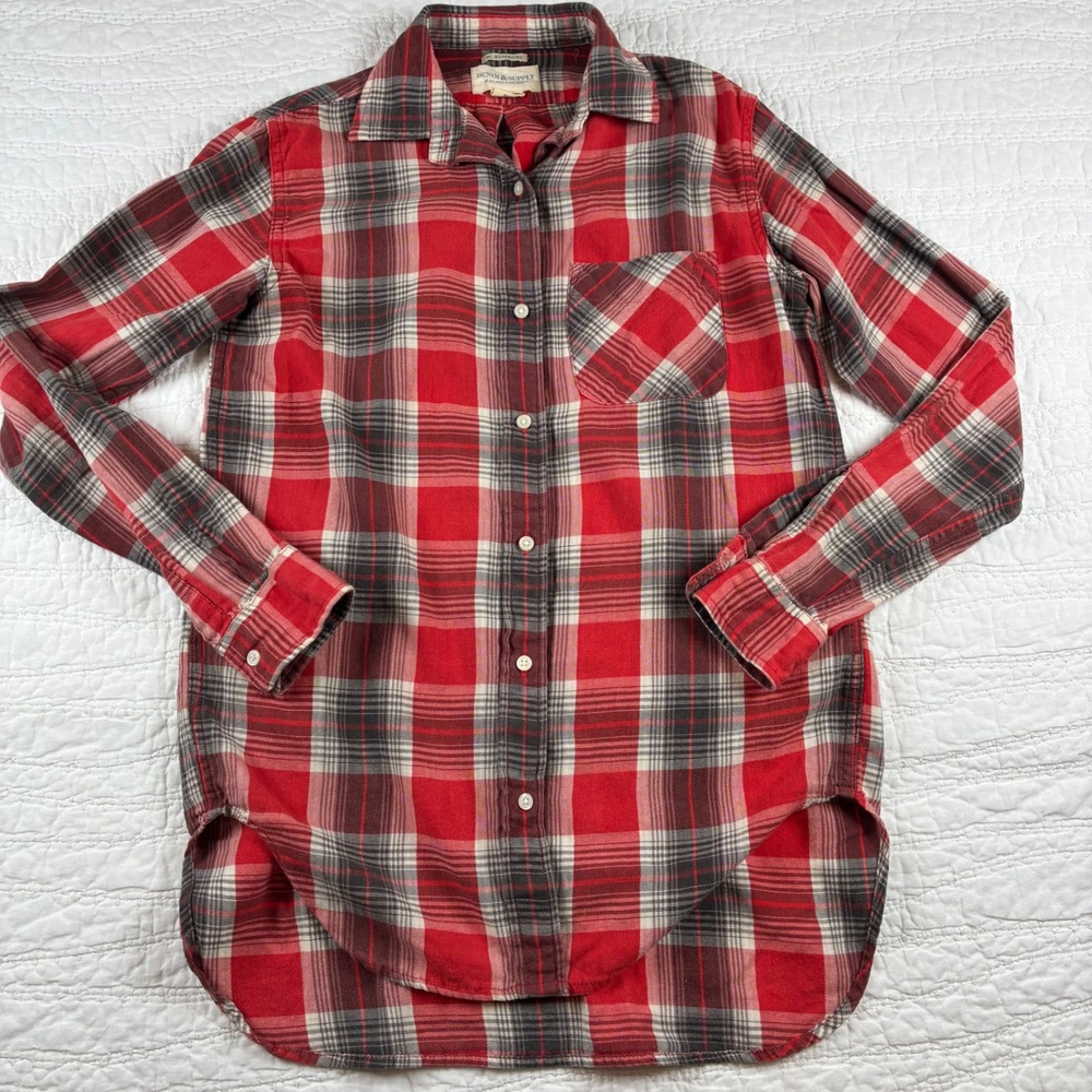 Denim & Supply Ralph Lauren Flannel Women XS Red Plaid Boyfriend Button Up Shirt